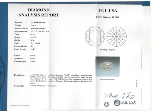 Art Deco Platinum 1.4 Carat Round Brilliant Cut Diamond Engagement Ring - Queen May