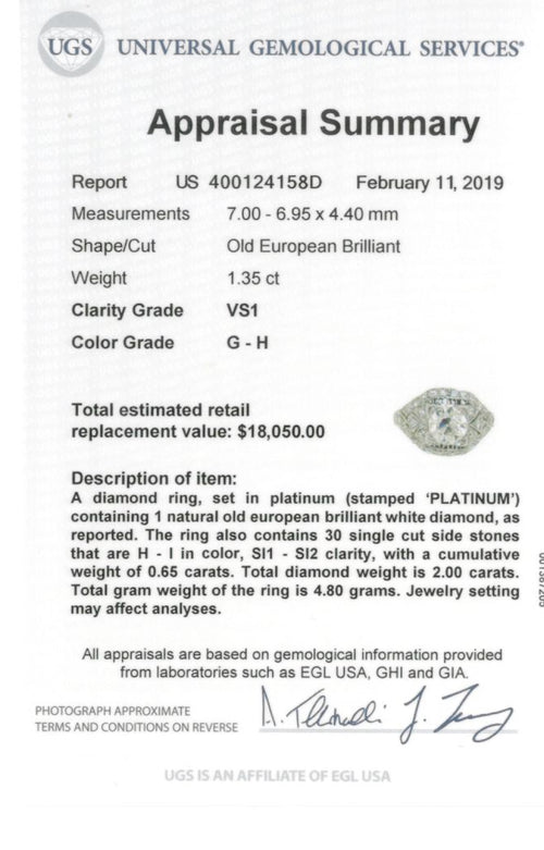 Art Deco Platinum EGL Certified 1.35 CT Old European Cut Filigree Engagement Ring - Queen May