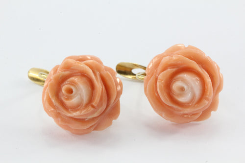 18K Gold Pink Angel Skin Carved Coral Rose Earrings Italy c.1960 - Queen May