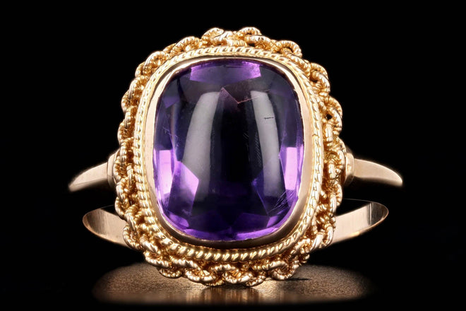 14K Yellow Gold 2.5 Carat Cabochon Amethyst Milgrain Chain Bezel Ring - Queen May