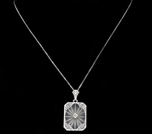 Art Deco 14K White Gold Carved Rock Crystal Diamond Pendant Necklace - Queen May