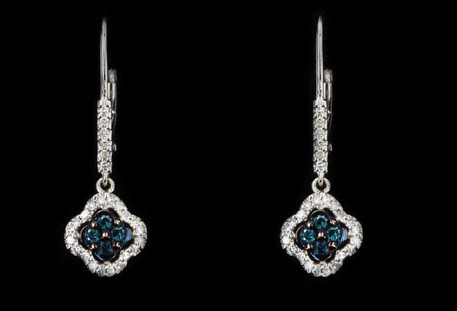 14K White Gold Irradiated Blue Diamond Clover Cluster Drop Earrings - Queen May