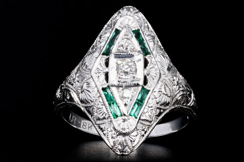 Art Deco 18K White Gold Old European Diamond & Synthetic Emerald Filigree Ring - Queen May