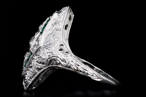 Art Deco 18K White Gold Old European Diamond & Synthetic Emerald Filigree Ring - Queen May