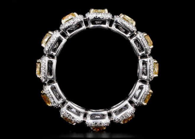 18K White Gold 4.77 Carat Total Weight Fancy Yellow Cushion Diamond Halo Eternity Band - Queen May