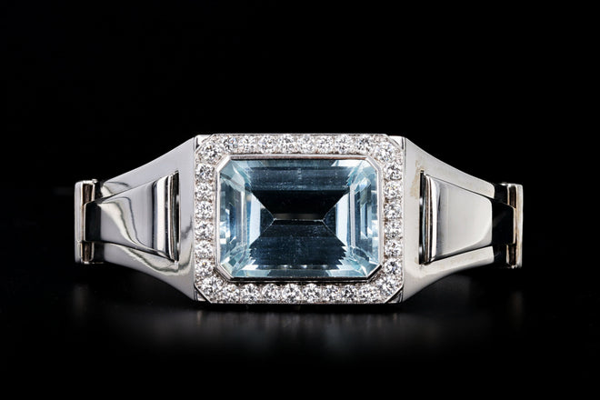 14K White Gold 25 Carat Emerald Cut Aquamarine & Diamond Cuff Bangle - Queen May