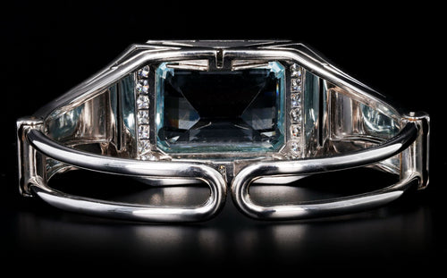 14K White Gold 25 Carat Emerald Cut Aquamarine & Diamond Cuff Bangle - Queen May