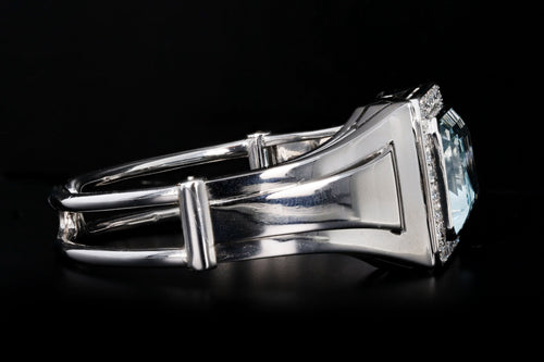 14K White Gold 25 Carat Emerald Cut Aquamarine & Diamond Cuff Bangle - Queen May