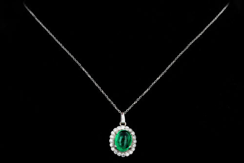 14K White Gold 4.28 Carat Cabochon Natural Emerald & Diamond Diamond Halo Pendant Necklace - Queen May