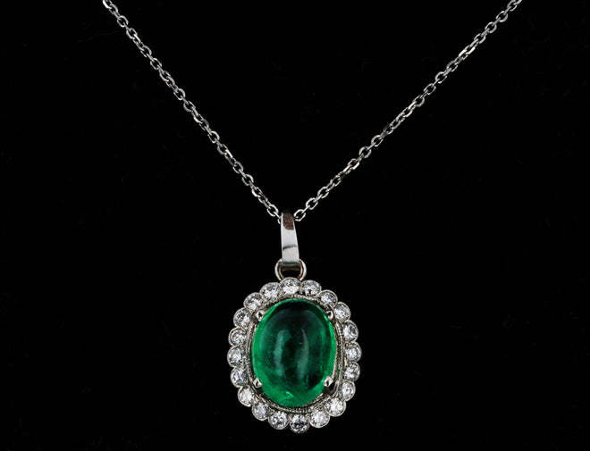 14K White Gold 4.28 Carat Cabochon Natural Emerald & Diamond Diamond Halo Pendant Necklace - Queen May