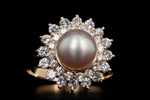 14K Yellow Gold 7.9mm Cultured Pearl & Diamond Double Halo Ring - Queen May