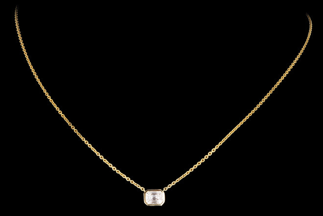 14K Yellow Gold 0.31 Carat Total Weight Mosaic Emerald Cut Diamond East-West Bezel Pendant Necklace - Queen May