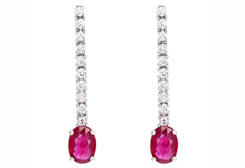 14K White Gold 1.80 Carat Total Weight Oval Natural Ruby & Diamond Drop Earrings - Queen May