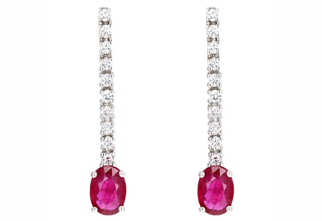 14K White Gold 1.80 Carat Total Weight Oval Natural Ruby & Diamond Drop Earrings - Queen May