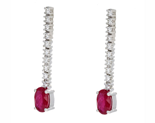 14K White Gold 1.80 Carat Total Weight Oval Natural Ruby & Diamond Drop Earrings - Queen May