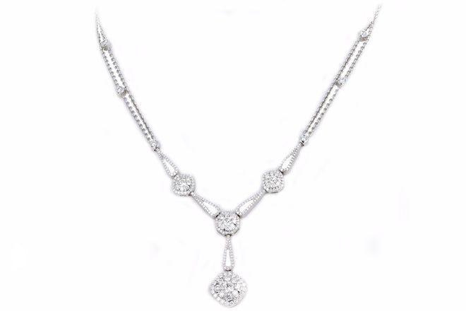 14K White Gold 2.6 Carat Total Weight Round Diamond Halo Pendant Drop Necklace - Queen May