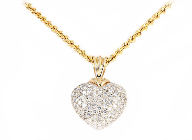 14K Yellow Gold 3.5 Carat Total Weight Round Brilliant Diamond Pave Heart Pendant Necklace - Queen May