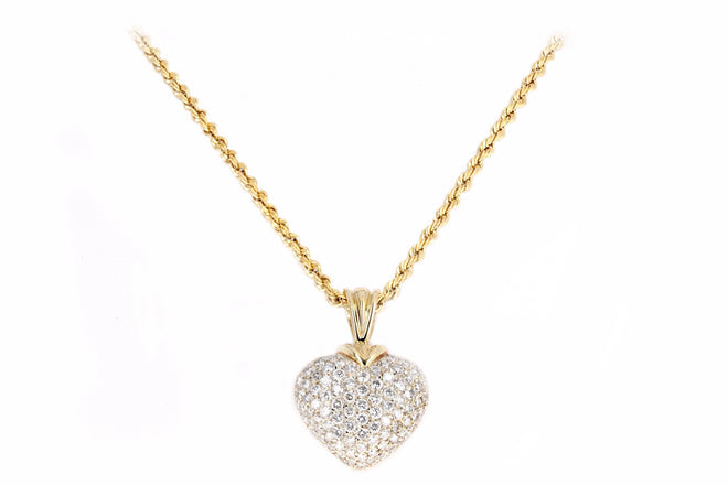 14K Yellow Gold 3.5 Carat Total Weight Round Brilliant Diamond Pave Heart Pendant Necklace - Queen May