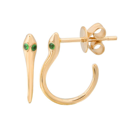 14K Yellow Gold Tsavorite Garnet Snake Hoop Earrings - Queen May