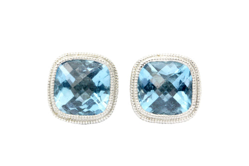 14K White Gold Blue Topaz Cushion Cut Earrings - Queen May