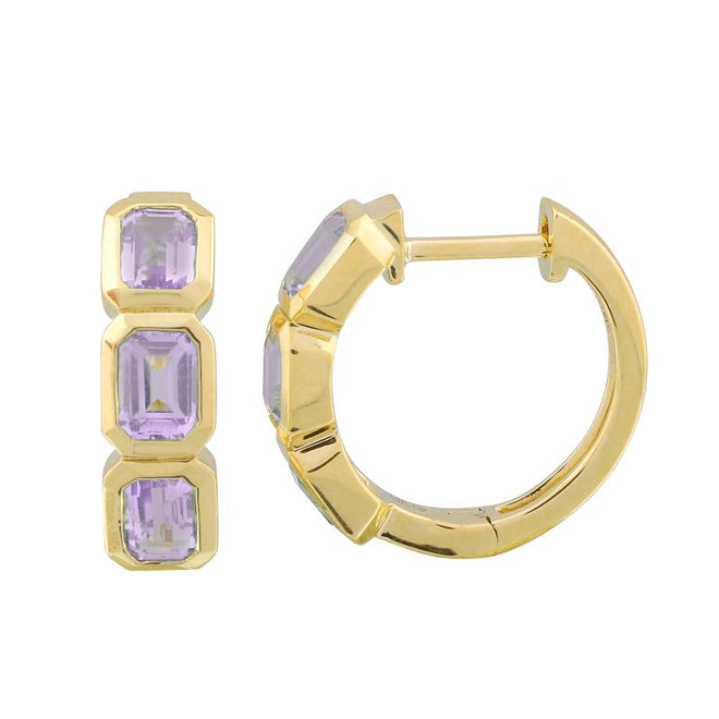 14K Yellow Gold Emerald Cut Amethyst Huggie Earrings - Queen May