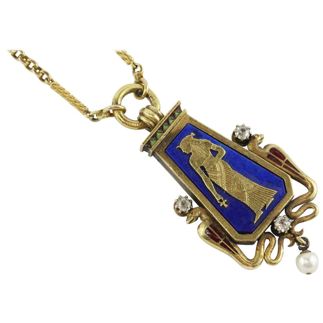Austrian Carl Bacher Egyptian Revival Enamel Lapis Diamond Gold Necklace - Queen May