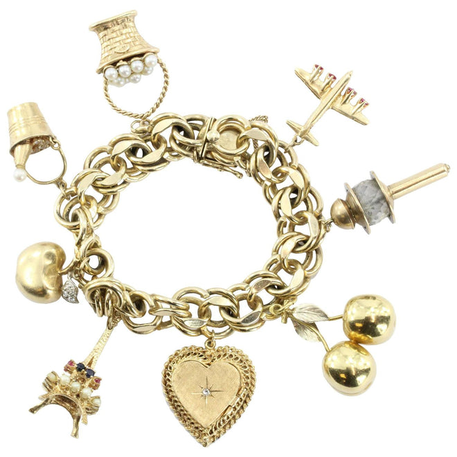 Wonderful 1940's 8 Charms Eiffel Tower Champagne Bucket Gold Charm Bracelet - Queen May