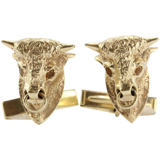 Antique Signed Schira Bros 14K Gold Bull Market Cuff Links - Queen May