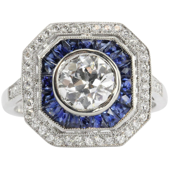 Art Deco Style Platinum Old European Diamond & Sapphire Ring - Queen May
