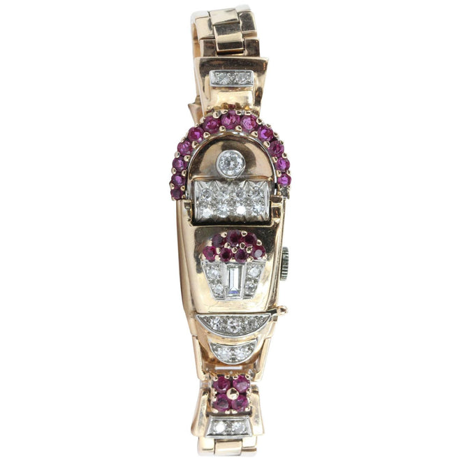 Vintage 1950's Art Deco 14K Rose Gold Diamond & Ruby Swiss Galmor Watch - Queen May