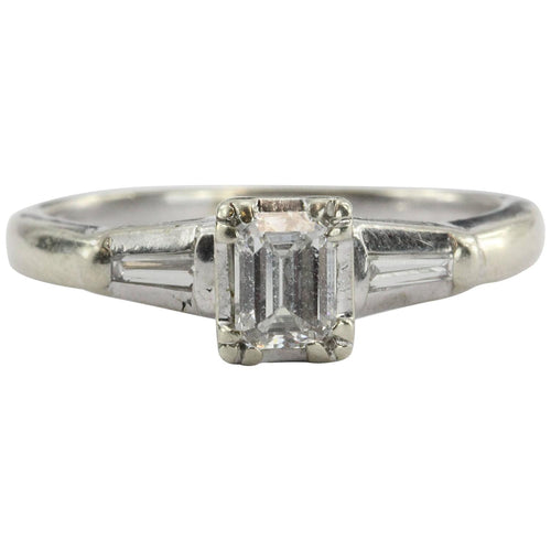Antique Art Deco 14K White Gold Emerald Cut Diamond Engagement Ring - Queen May