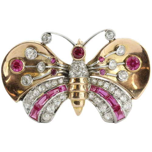Antique Art Deco 18K Gold Diamond & Ruby Butterfly Moth Pendant Walser Wald - Queen May
