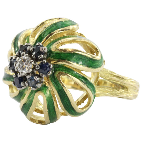 Antique Art Nouveau 18K Gold Enamel Sapphire & Diamond Floral / Flower Ring - Queen May