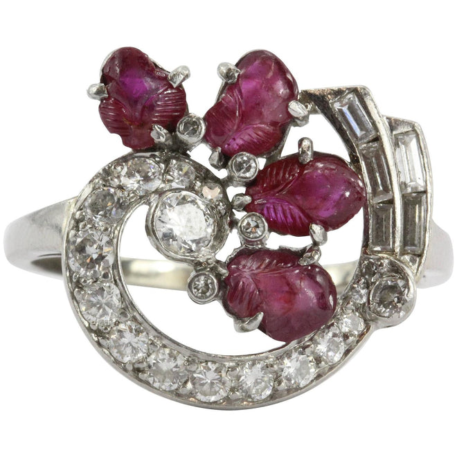 Antique Art-Deco Tutti Fruity Style Carved Ruby Platinum & Diamond Ring - Queen May