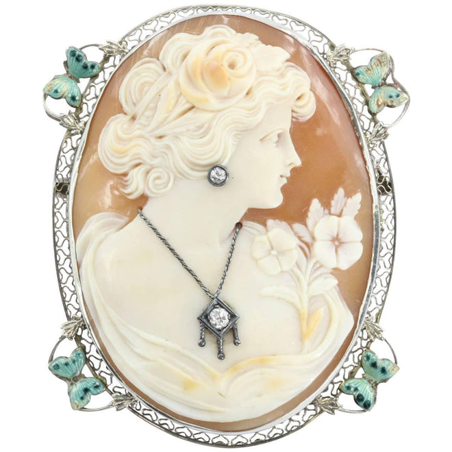 Antique Art Nouveau 14K White Gold Habille Diamond Enamel Butterfly Cameo - Queen May