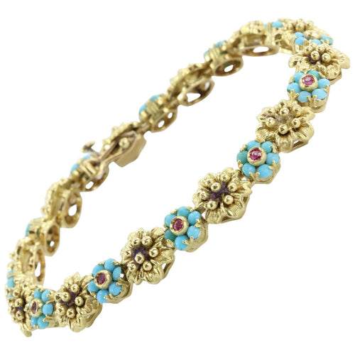 Vintage 18k Gold Persian Turquoise Genuine Ruby Floral Motif Bracelet Italy - Queen May