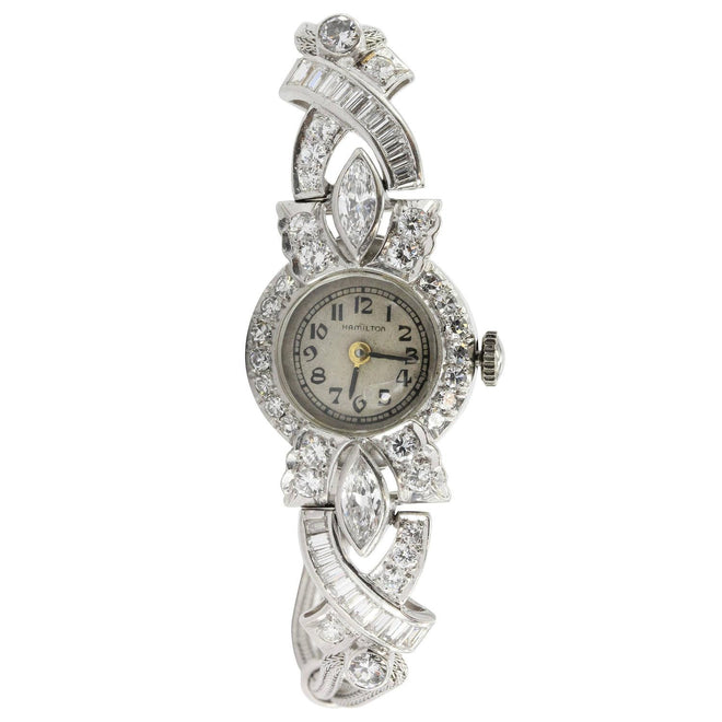 Antique Art Deco Platinum 2.5 Carat Total Weight Diamond Hamilton watch with 14k woven gold bracelet - Queen May