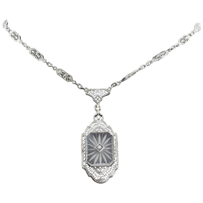 Antique L Fritschze & Co 14K White Gold Art Deco Camphor Diamond Necklace Signed - Queen May