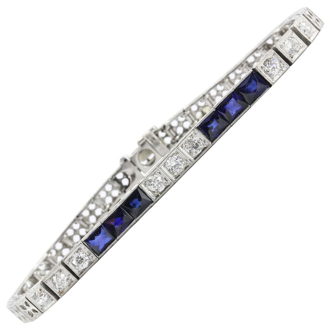 Antique Art Deco Platinum Old Mine Diamond & Sapphire Tennis Bracelet - Queen May