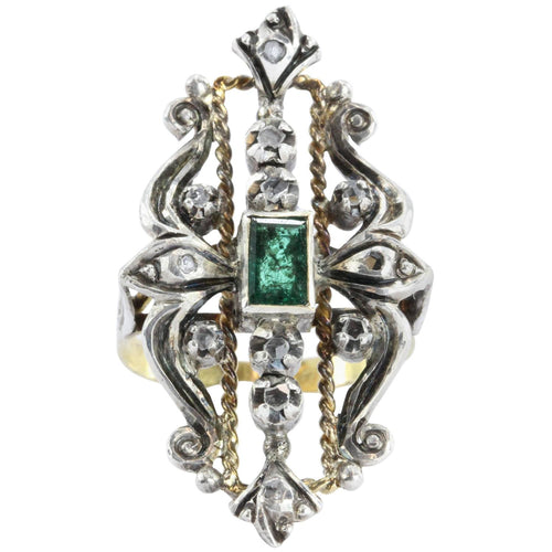 19th Century Victorian Emerald & Rose Cut Diamond Ring - Queen May