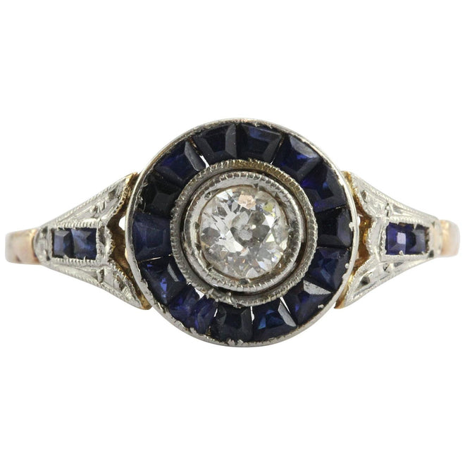 Art Deco Diamond and Calibre Blue Sapphire 18K Gold and Platinum Engagement Ring - Queen May