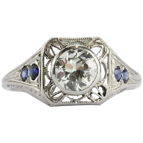 Art Deco 1.04 Ct VVS2 J Old European Diamond Sapphire Platinum Engagement Ring - Queen May