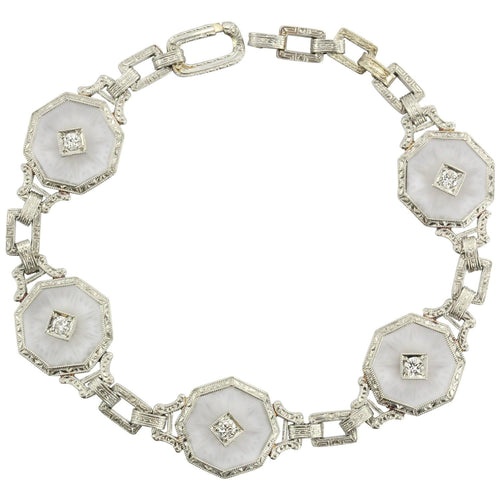 Antique Art Deco Krementz 14K White Gold Camphor & Diamond Bracelet - Queen May