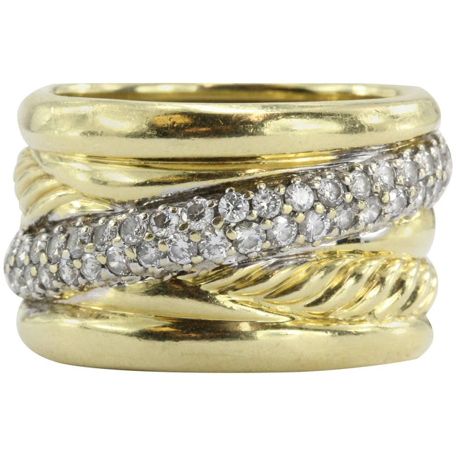 18K Yellow Gold & Diamond David Yurman Crossover 15mm Size 8 Cable Ring Band - Queen May