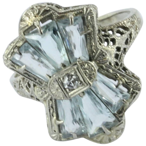 Antique Art Deco 14K White Gold Diamond & Aquamarine Fan Ring - Queen May