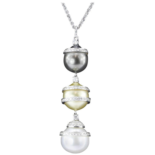 18K White Gold Diamond South Sea Tahitian Pearl Pendant w/ 14K Necklace - Queen May