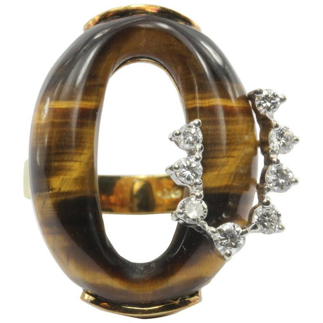 18k Gold Diamond and Tigers Eye Subtle Snake Cocktail Ring - Queen May