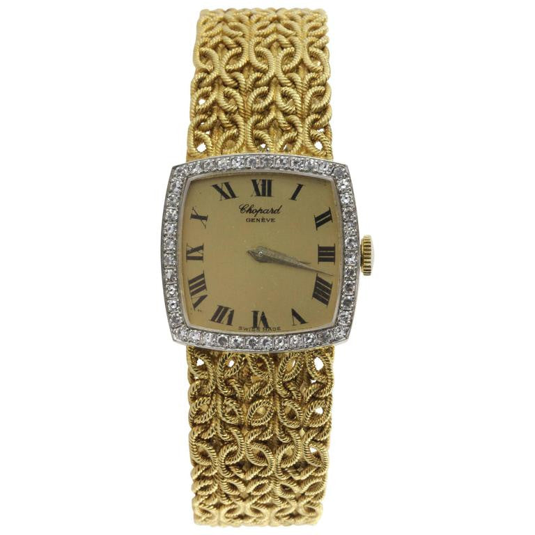 Chopard 18k Gold Diamond Watch with Byzantine Wheat Chain