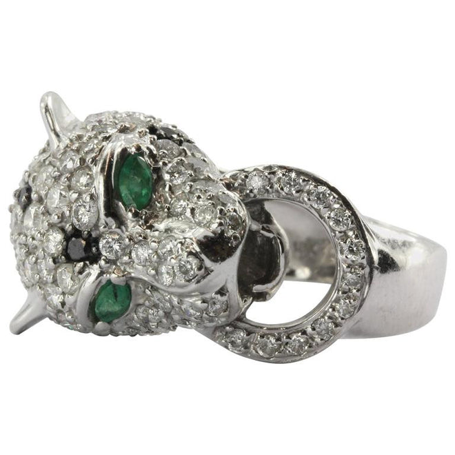 18K White Gold Diamond & Emerald Figural Leopard Jaguar Ring - Queen May