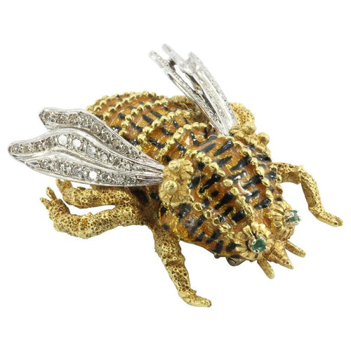 Large 18k handmade enamel bee with 1 carat single cut diamonds and emerald eyes - Queen May